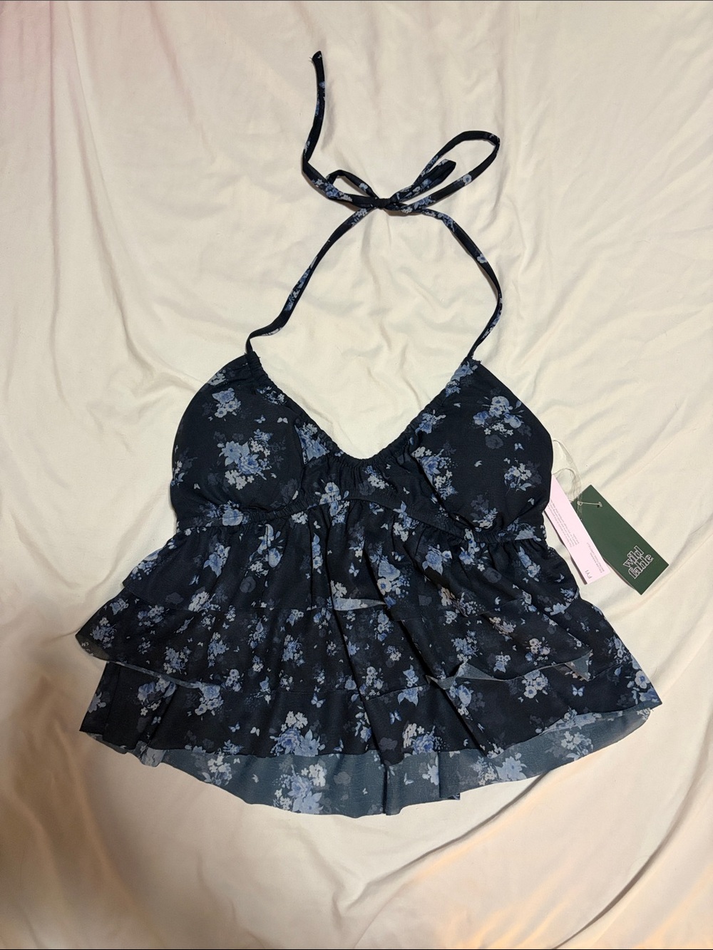 wild fable Black Halter Babydoll Camisole with Blue Floral Print